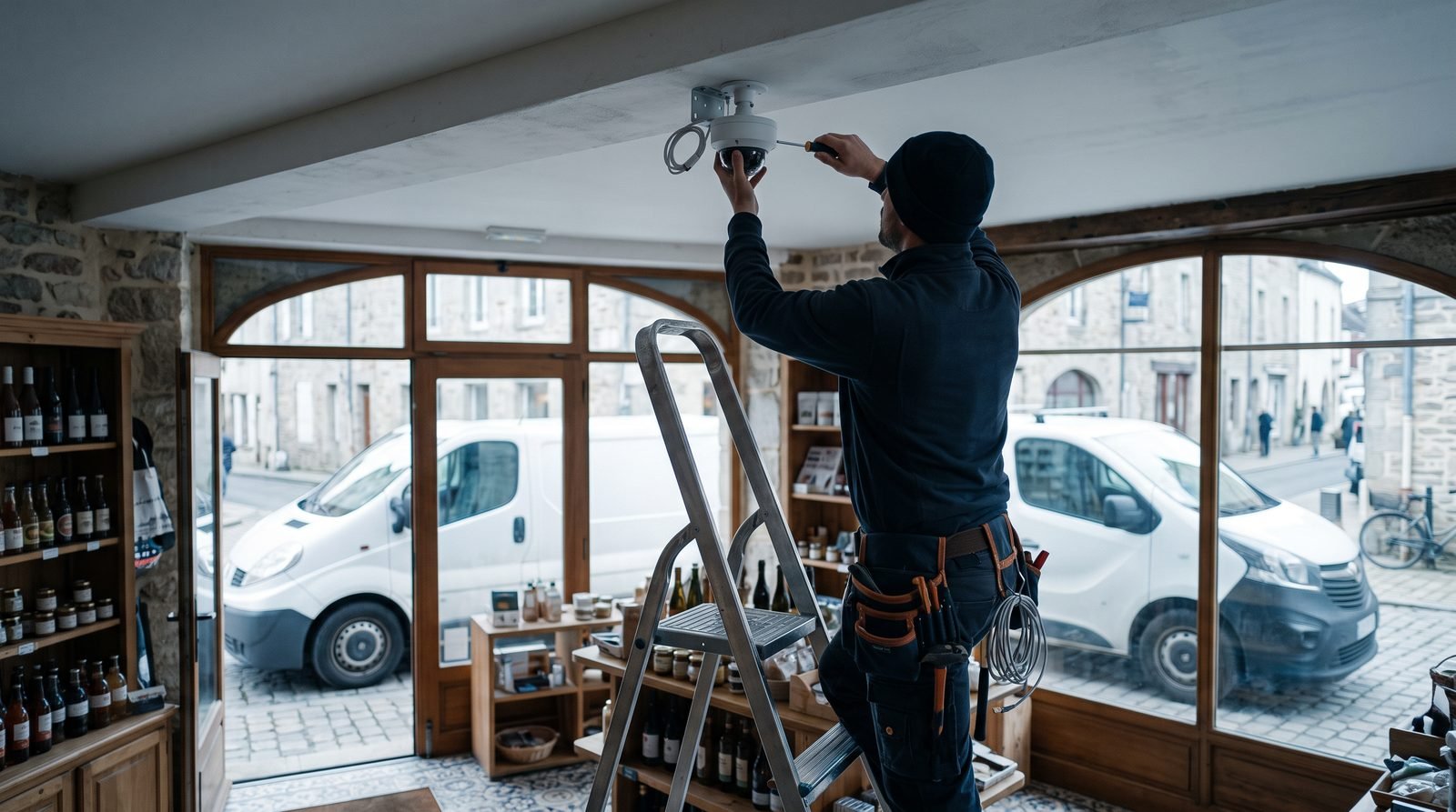 Installateur fixant une caméra dôme au plafond d'une boutique