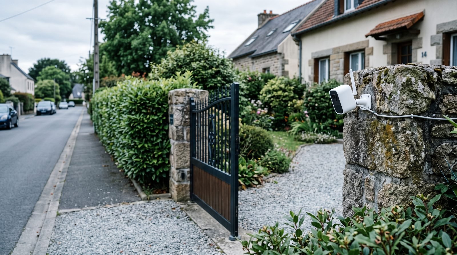 Portail d'une maison avec une petite caméra orientée vers l'allée