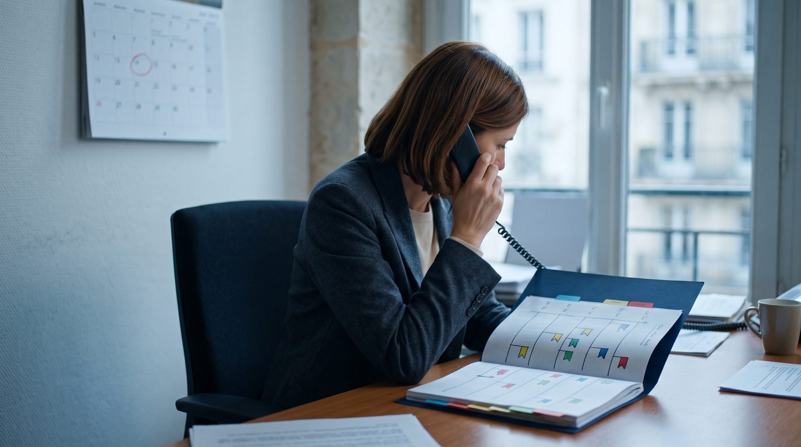 Experte AFCV au téléphone, calendrier de renouvellement sous les yeux