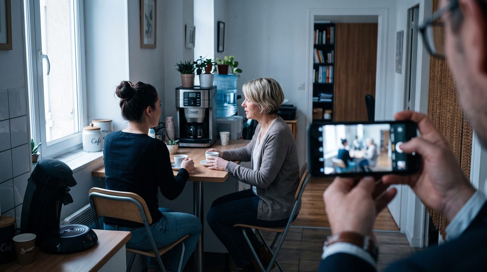 Espace de pause d'une petite agence filmé depuis un téléphone