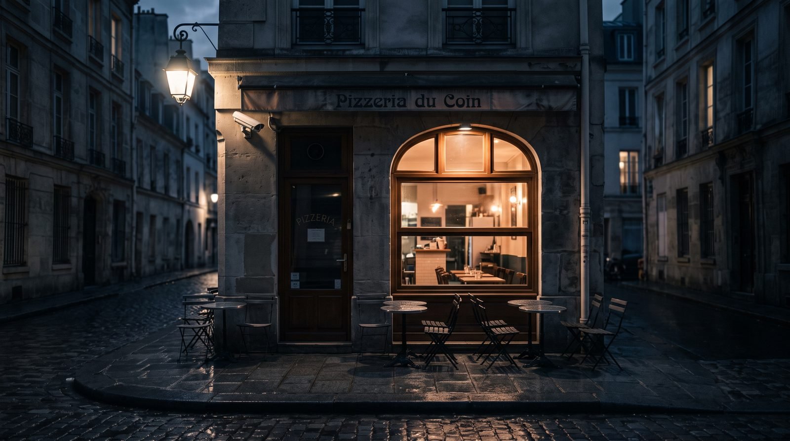 Devanture d'une pizzeria parisienne la nuit