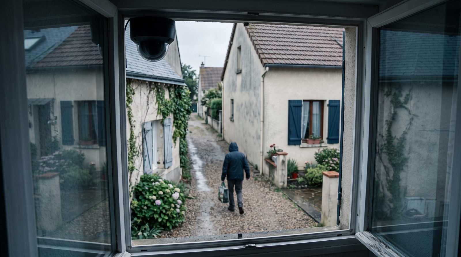 Caméra fixée à une fenêtre, orientée vers le passage des voisins